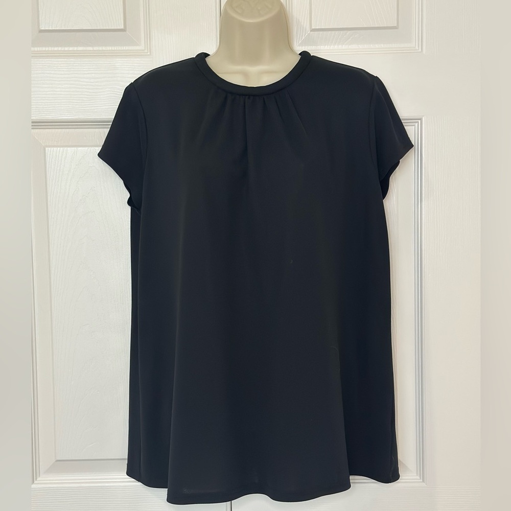 Classic Black Women's Short Sleeve Top with Pleated Neckline Detail and Zipper